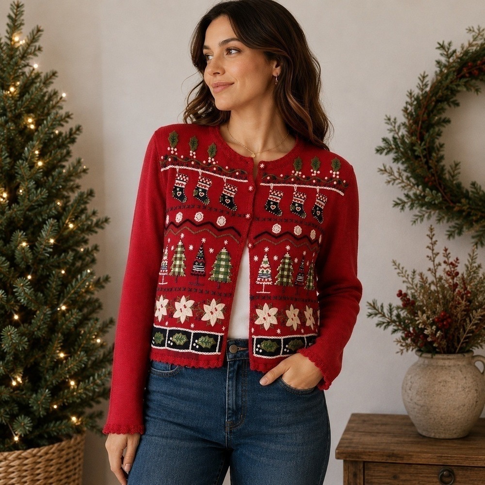 Vtg Tiara International 90s Christmas Cardigan Large Red Stocking Tree Button Up